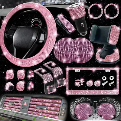 【Hieha】Discovery Spring Event Car Decoration Set for  Gift, 27pcs Car Interior Accessories for Women, Bling Car Rear View...
