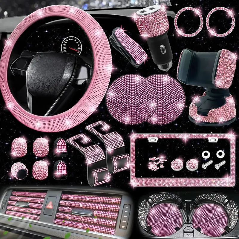 【Hieha】Discovery Spring Event Car Decoration Set for  Gift, 27pcs Car Interior Accessories for Women, Bling Car Rear View...
