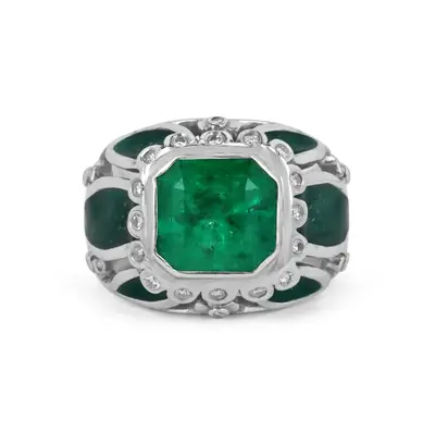 10K White Gold 4.85 CT.T.W. Asscher Cut Lab Created Diamond & Enamel Emerald Statement Cocktail Band for Men