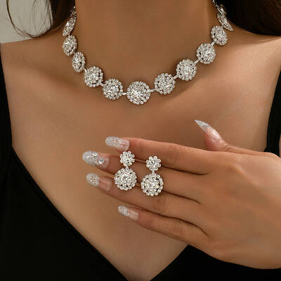 Flat Round Rhinestone Pendant Necklaces & Stud Dangle Earrings Sets