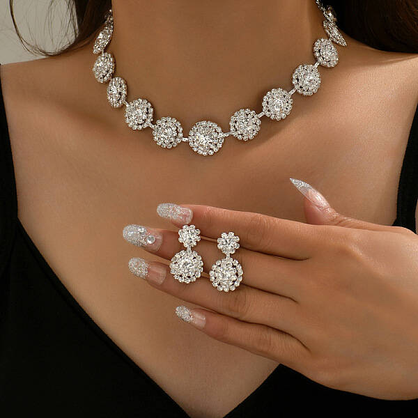 Flat Round Rhinestone Pendant Necklaces & Stud Dangle Earrings Sets