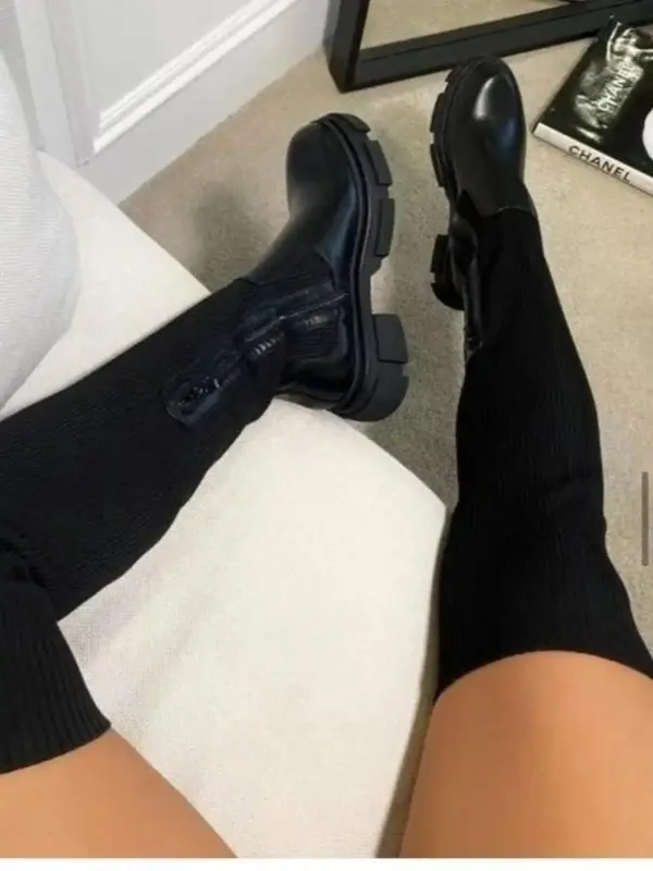 Women's Solid Over The Knee Boots, Fashionable PU Leather Boots for Daily Wear, Female All-match Trendy Shoes for Fall & Wint...