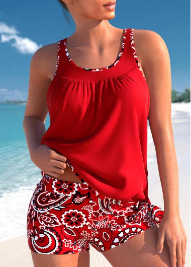Modlily Bowknot Paisley Print Red Tankini Set - XL
