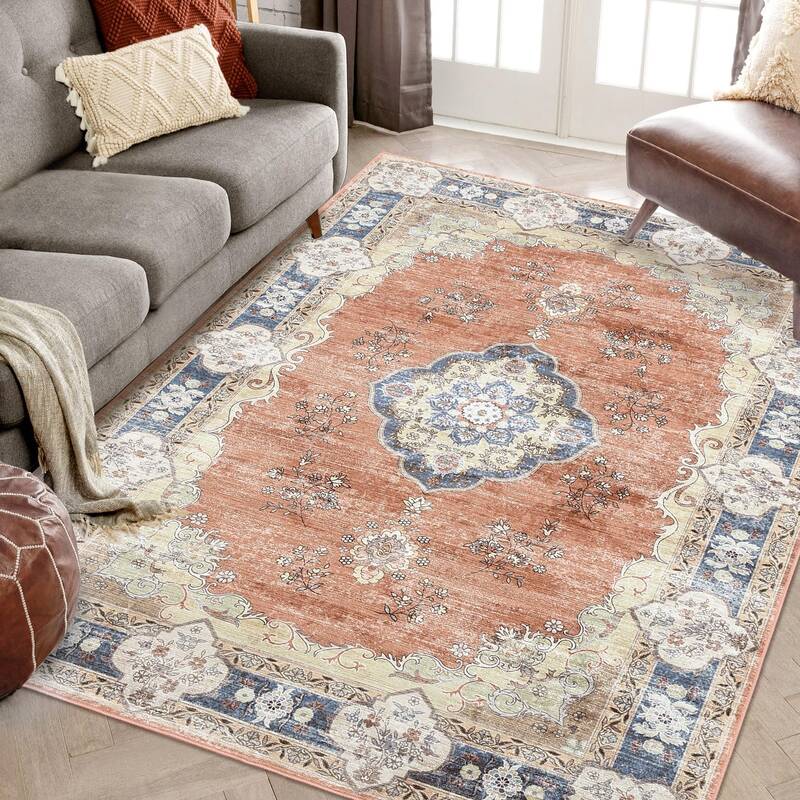 Garvee Washable Area Rug 5x7 Rug Vintage Floral Living Room Rug Soft Bedroom Rug Boho Oriental Throw Rugs Low Pile Non Slip F...