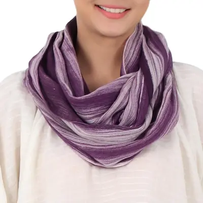 NOVICA Purple Skies Hand Woven 100% Cotton Infinity Scarf in Purple and White