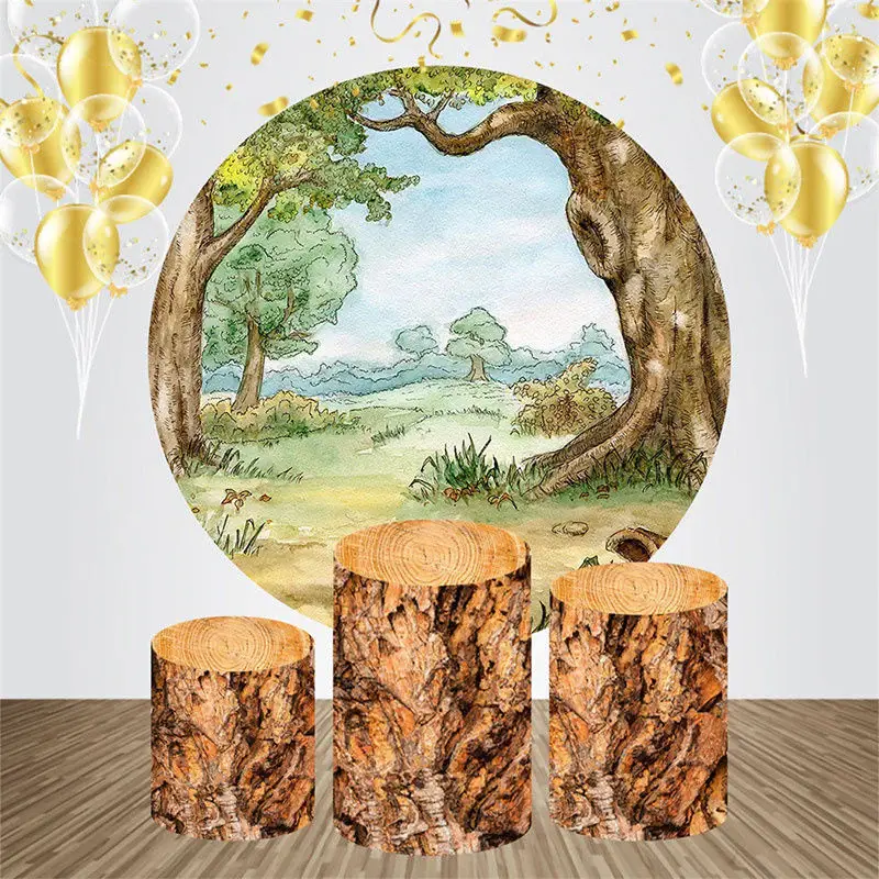 Wooden Wild Forest Round Birthday Party Bakcrop Kit - Aperturee