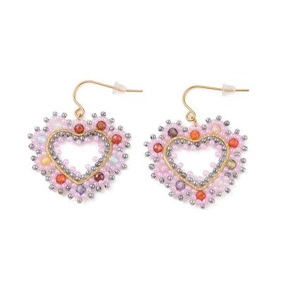 Heart Glass Seed Beaded and  Cubic Zirconia Dangle Earrings