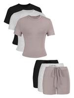 Women's Solid Color Top & Skinny Shorts Loungewear Set, Casual Comfy Short Sleeve Tee & Shorts Set, Ladies Sleepwear for All ...
