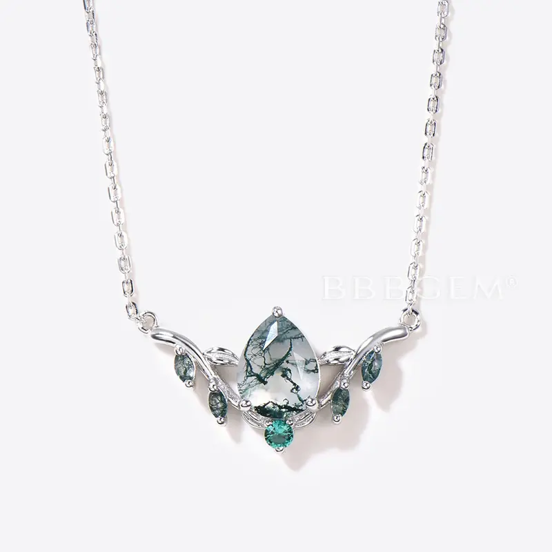 Teardrop Natural Moss Agate Necklace Leaf Vine Emerald Charm Pendant