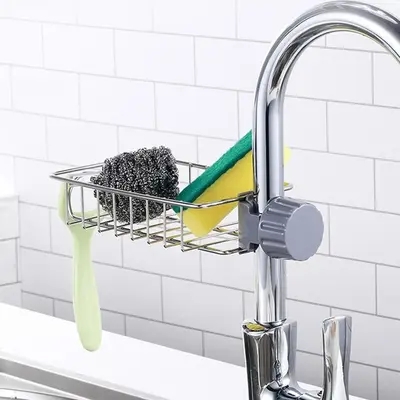 3in1 Kitchen Faucet Organizer Rack - Sponge Holder, Scrub Daddy Sponge, Dish Brush Stand, Soap Holder, Stainless Steel Multif...