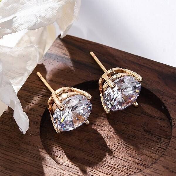 Brass Micro Pave Clear Cubic Zirconia Stud Earrings