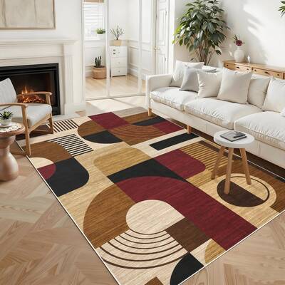 Garvee 9x12 Area Rug for Living Room - Boho Geometric, Low Pile & Non-Slip, Polyester Material, Machine Washable, Burgundy/Br...