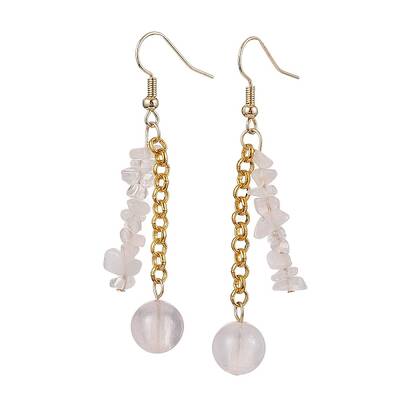 Round & Chip Natural Rose Quartz Dangle Earrings