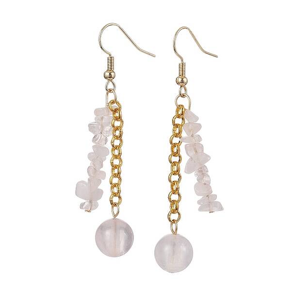 Round & Chip Natural Rose Quartz Dangle Earrings