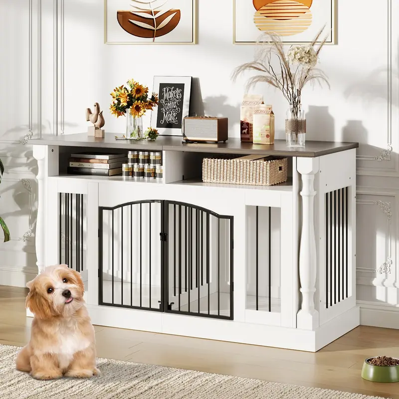 Garvee Roman Column 63 Inch Large Dog Crate Furniture for 2 Dogs with Open Storage, Heavy Duty Dog Kennel Entertainment Table...