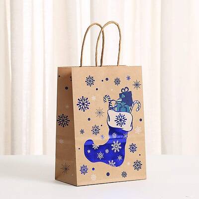 Christmas Theme Blue Printed Kraft Paper Tote Bags with Handles