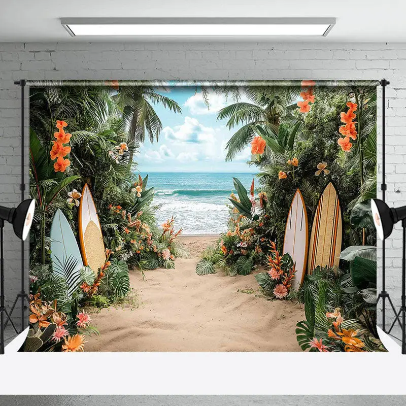 Surfboard Palm Leaves Sandy Beach Summer Backdrop - Aperturee