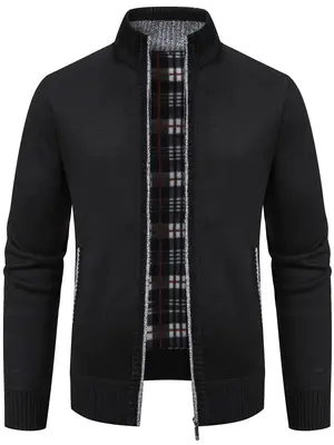 Men's Plain Pocket Zipper Cardigan, Regular Fit Casual Long Sleeve Stand Collar Knit Outerwear for Fall & Winter, Fashion Men...