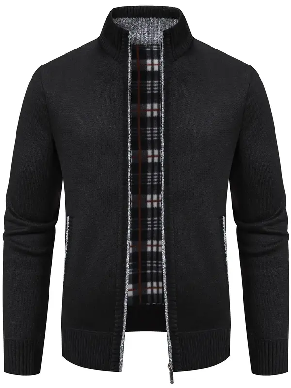 Men's Plain Pocket Zipper Cardigan, Regular Fit Casual Long Sleeve Stand Collar Knit Outerwear for Fall & Winter, Fashion Men...