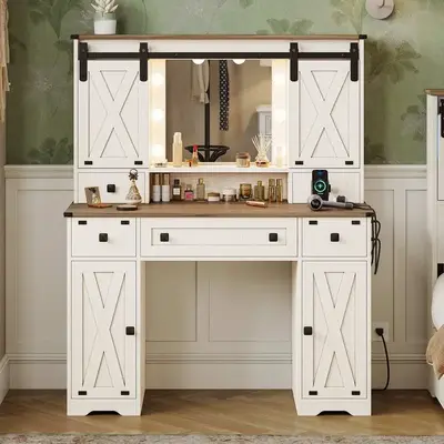 Sikaic Farmhouse Makeup Vanity Desk Mirror With Sliding Barn Door 3 Lighting Modes Adjustable And Charging Station White Furn...