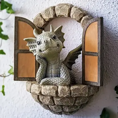 Creative Cartoon Dragon Design Garden Decor, Resin Dragon Statue, Outdoor Wall Decor for Garden Patio Yard