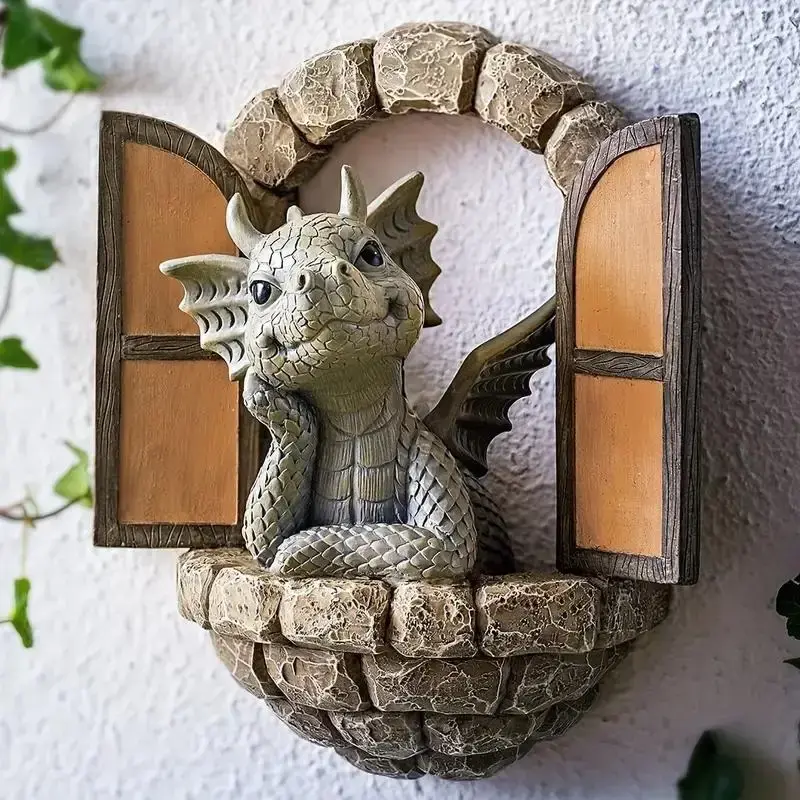 Creative Cartoon Dragon Design Garden Decor, Resin Dragon Statue, Outdoor Wall Decor for Garden Patio Yard