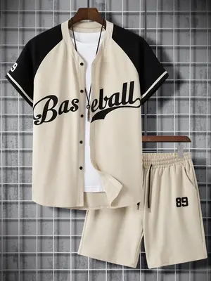 2 Pieces Men's Colorblock Letter Print Drawstring Two-piece Set, Regular Fit Casual Streetwear Button Front Outerwear & Pocke...