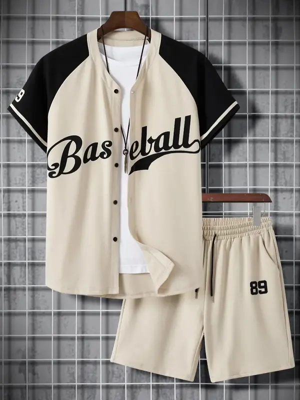 2 Pieces Men's Colorblock Letter Print Drawstring Two-piece Set, Regular Fit Casual Streetwear Button Front Outerwear & Pocke...