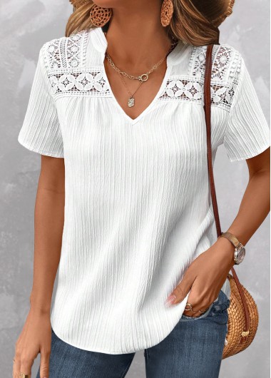 Modlily White Lace Short Sleeve Split Neck Blouse - XXL