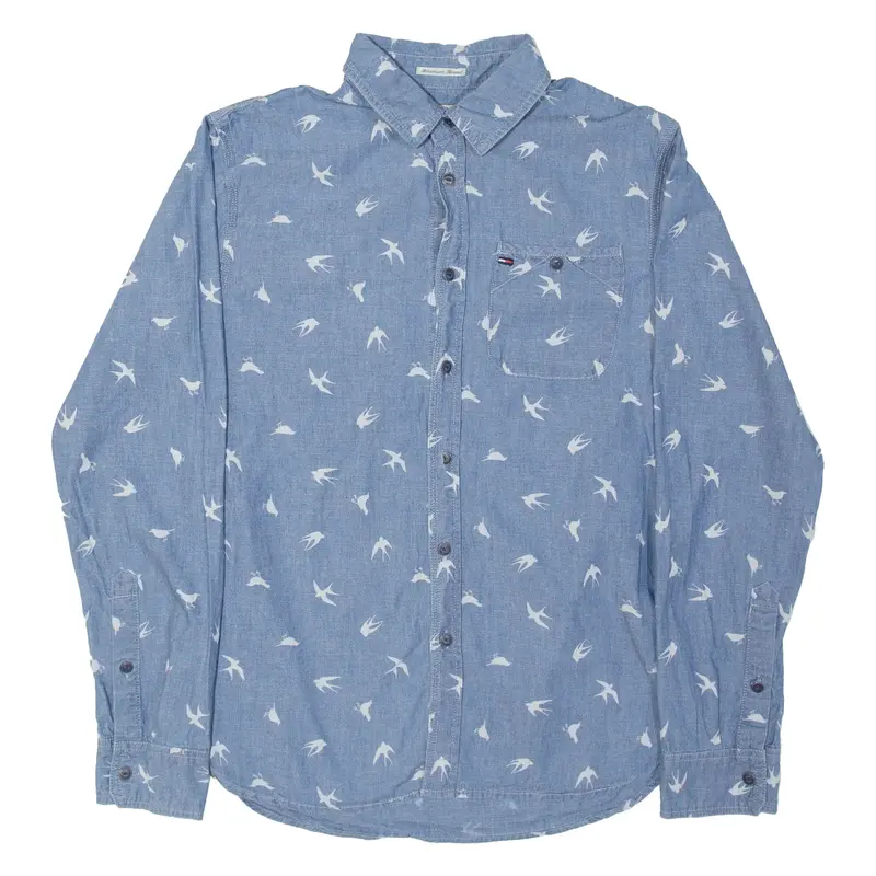TOMMY HILFIGER Denim Look Mens Shirt Blue Crazy Pattern Long Sleeve S