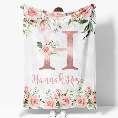 Pink Capital Letters Rose Leaves Custom Name Blanket - Aperturee