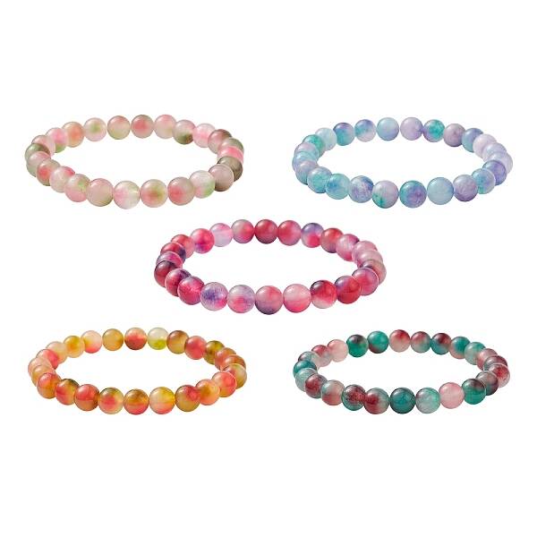 Dyed Natural White Jade Round Beaded Stretch Bracelet