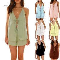 Women's Summer Outfit, Halter Neck Tie Up Open Back Cami Tops Elastic Waist Shorts 2 Piece Solid Color Set