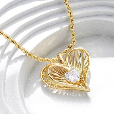 Brass Pave Clear Cubic Zirconia Heart Pendant Necklaces for Women