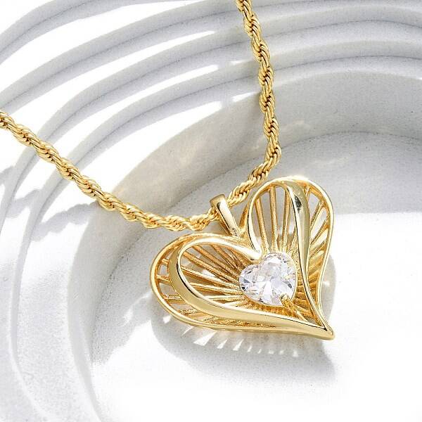 Brass Pave Clear Cubic Zirconia Heart Pendant Necklaces for Women