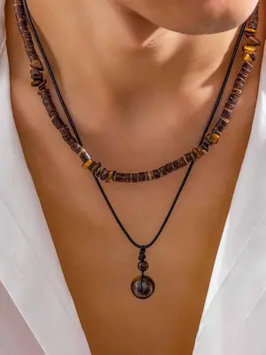 Men's Vintage Wooden Beads Necklace, Fashionable Double Layer Necklace for Party, Daily Decor, Trendy All-match & Exquisite J...