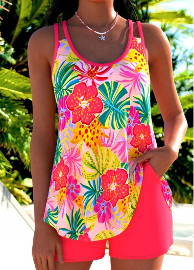 Modlily Coral Mid Waisted Curved Hem Tankini Set - XXL