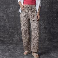 Khaki Leopard Print Wide Leg Pants, Drawstring Waist Straight-Leg Jeans with Pockets  for Everyday Effortless Wear