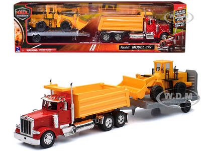Peterbilt 379 Dump Truck Red and Wheel Loader Yellow with Flatbed Trailer \