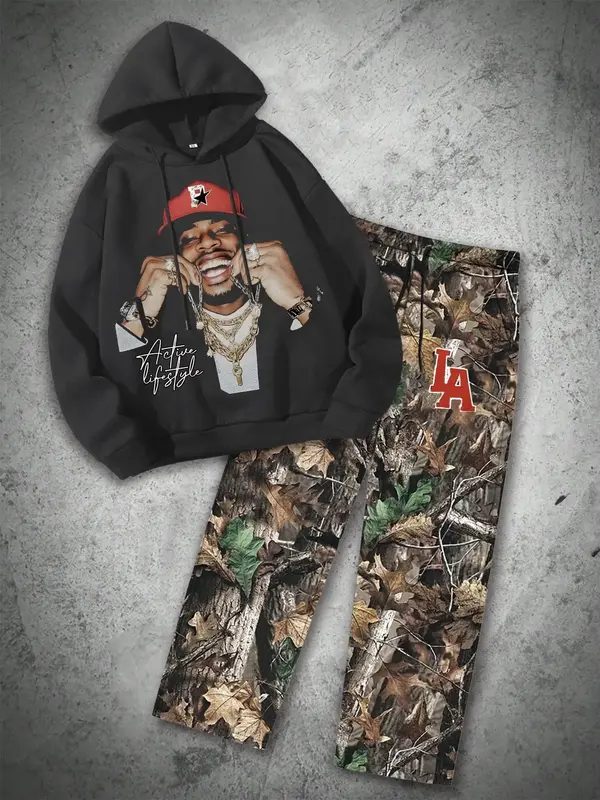 Two-piece Set Men's Figure Print Thermal Lined Drawstring Hoodie & Pocket Elastic Waist Sweatpants, Regular Fit Casual Fashio...