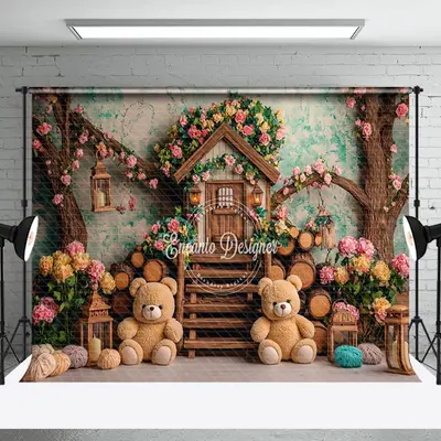 Aperturee Spring Floral Tree House Bear Cake Smash Backdrop | Best Photography Backdrop | Photo Studio Backdrop | Photography...
