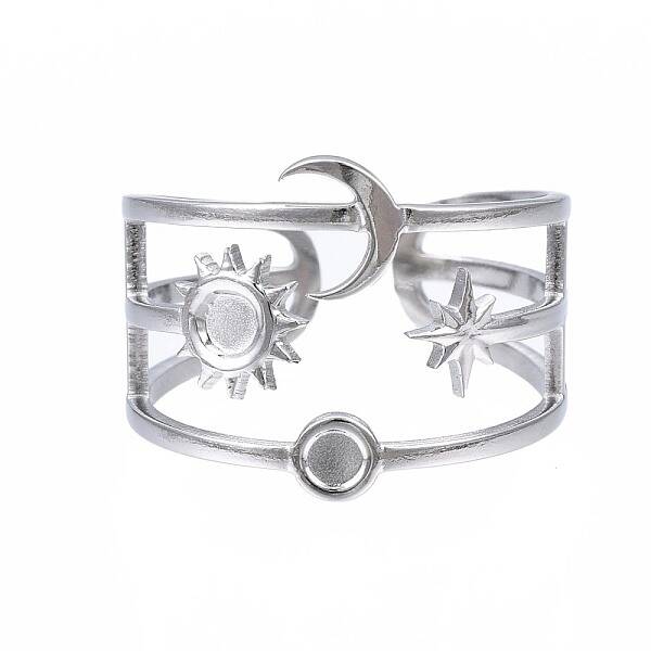 Non-Tarnish 304 Stainless Steel Moon and Star Open Cuff Ring