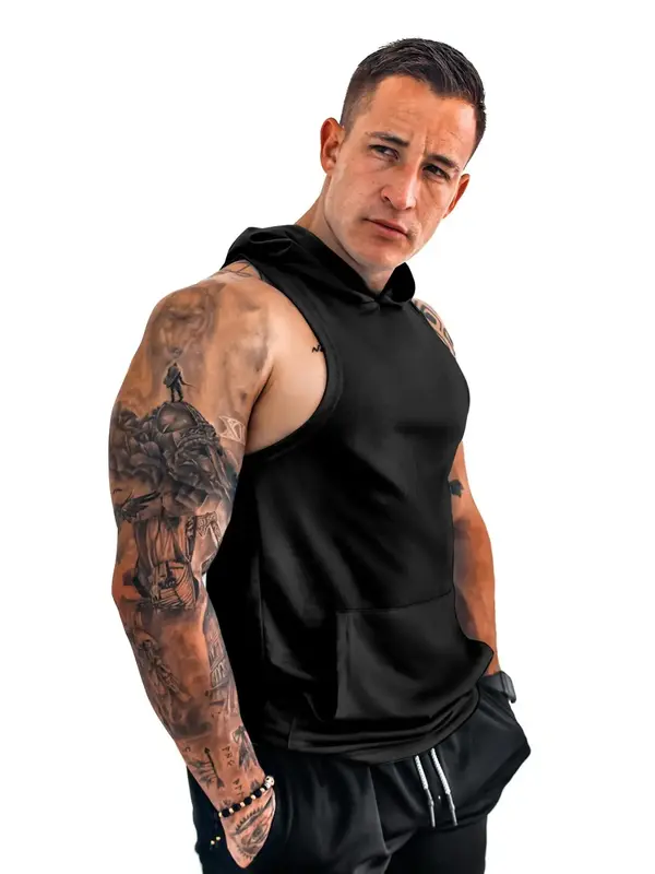 Men's Solid Kangaroo Pocket Hooded Sports Vest, Regular Fit Sporty Sleeveless Hooded Tank Top for Gym Workout, Summer Outfits...