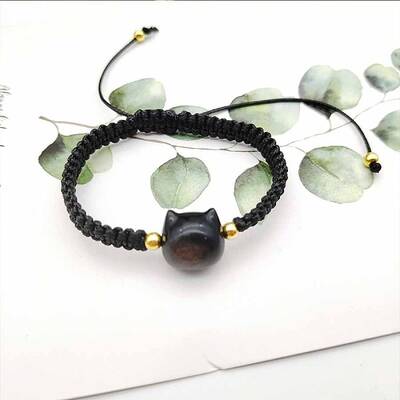 Black Braided Rope Shell Cat Charm Bracelet for Women
