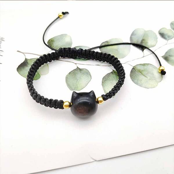 Black Braided Rope Shell Cat Charm Bracelet for Women