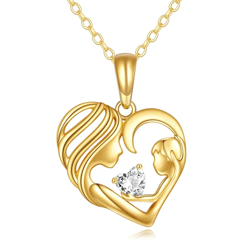 14K Gold Cubic Zirconia Mother & Daughter Heart Pendant Necklace