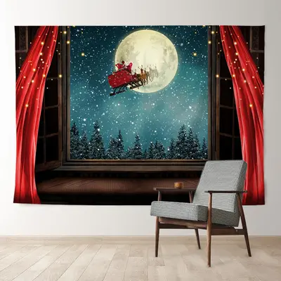 Aperturee Santa Sled Red Curtain Moon Eve Christmas Backdrop