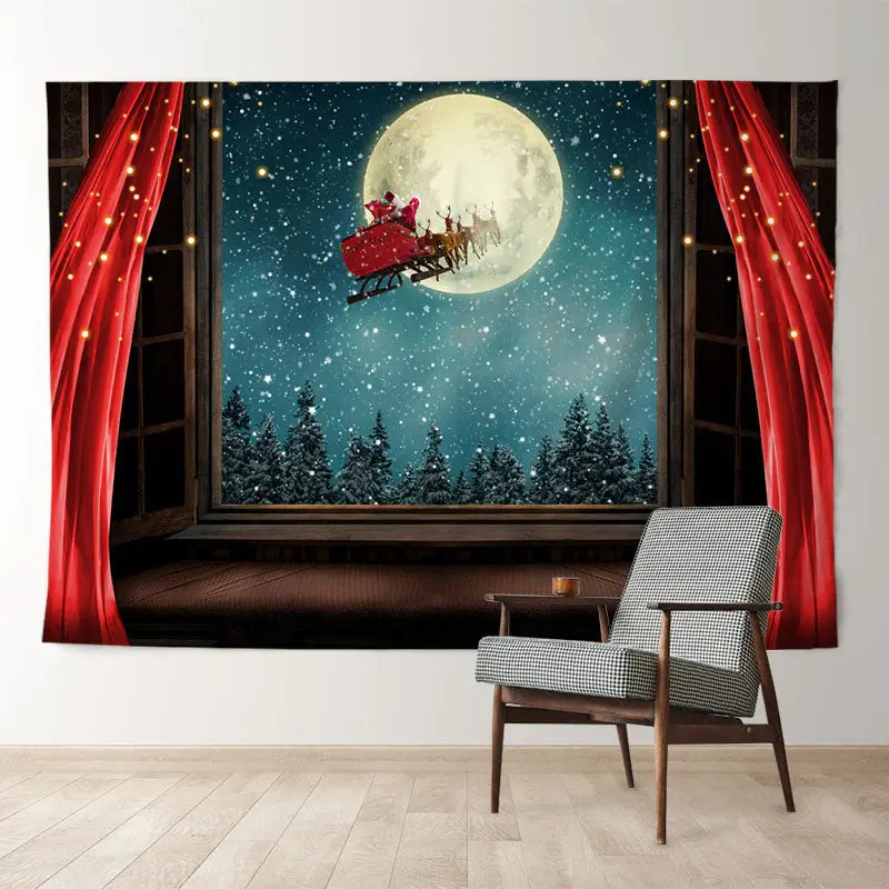 Aperturee Santa Sled Red Curtain Moon Eve Christmas Backdrop