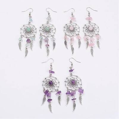 Woven Net/Web with Feather Alloy Dangle Earrings