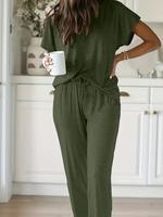Plus Size Women's Solid Color Loungewear Set, Casual Comfortable Breathable Round Neck Short Sleeve T-shirt & Trousers Pj Set...